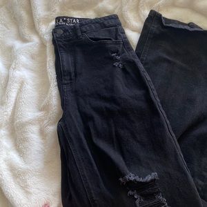 Long baggy high rise skater jeans, tighter in thighs lots of flare